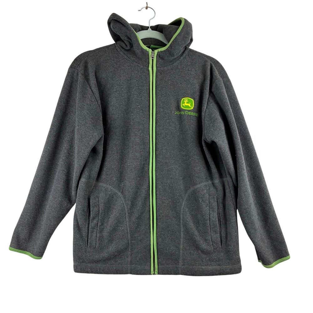 John Deere Full Zip Fleece Hoodie Jacket Youth Boys Large 14 Grey Green READ